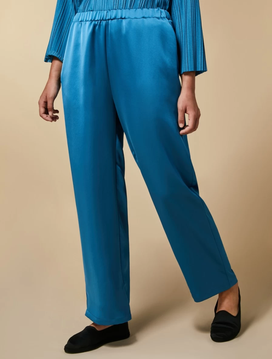 "Marina Rinaldi Women's Turquoise Satin Trousers – Elegant High-Waisted Palazzo Pants"
