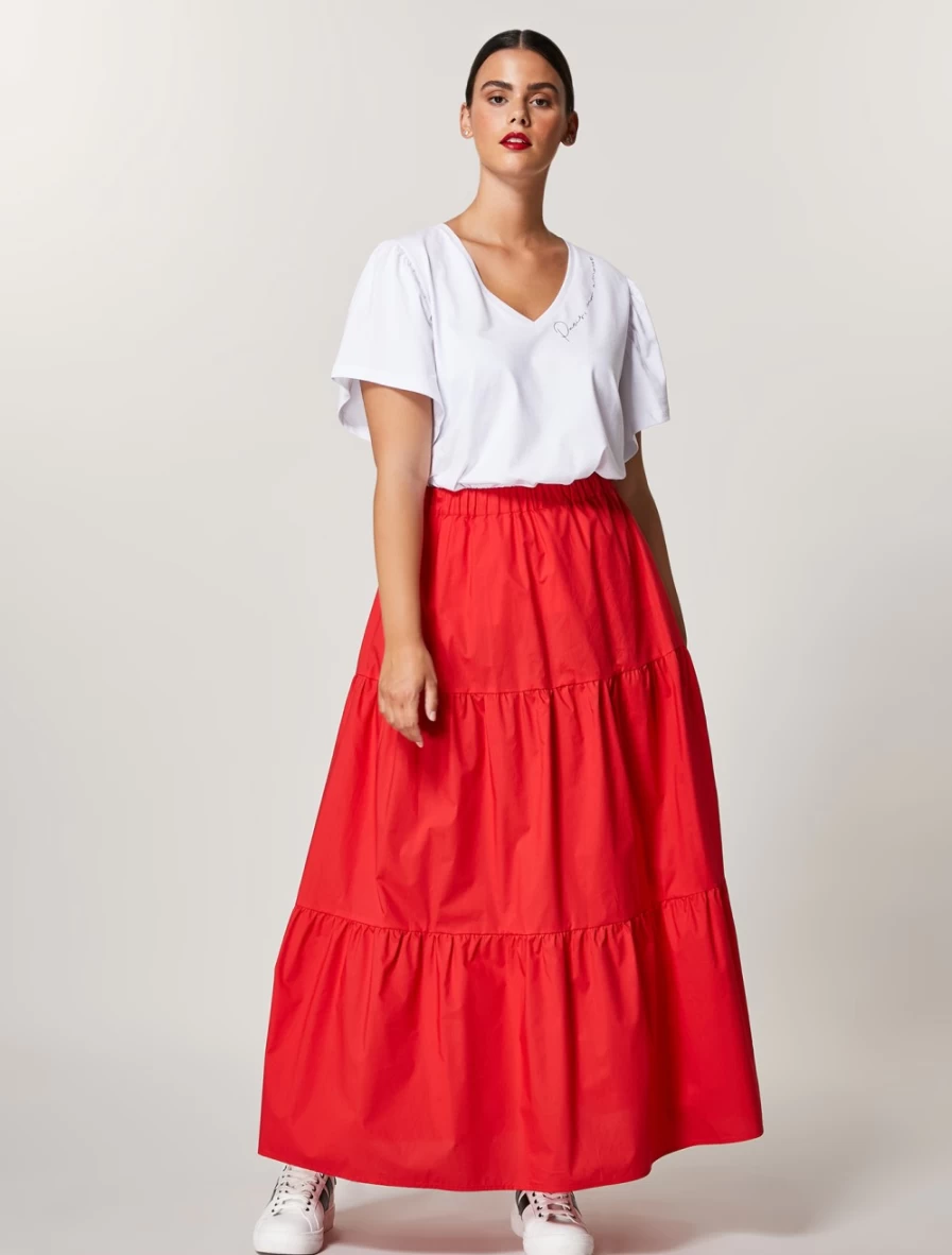 "Marina Rinaldi Women's Red Cotton Poplin Skirt | Classic Fit & Comfortable Style"