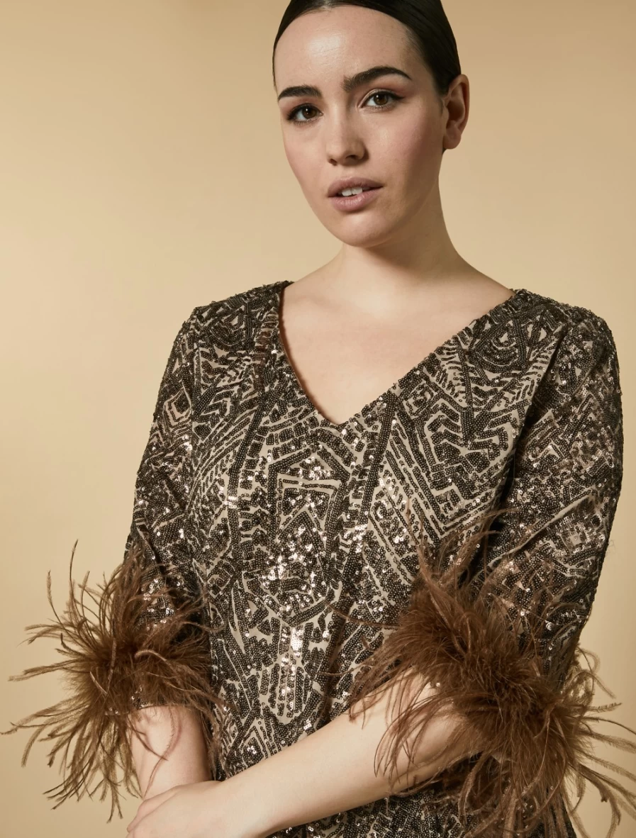 Marina Rinaldi Women's Beige Sequinned Sheath Dress for Elegant Evening Wear