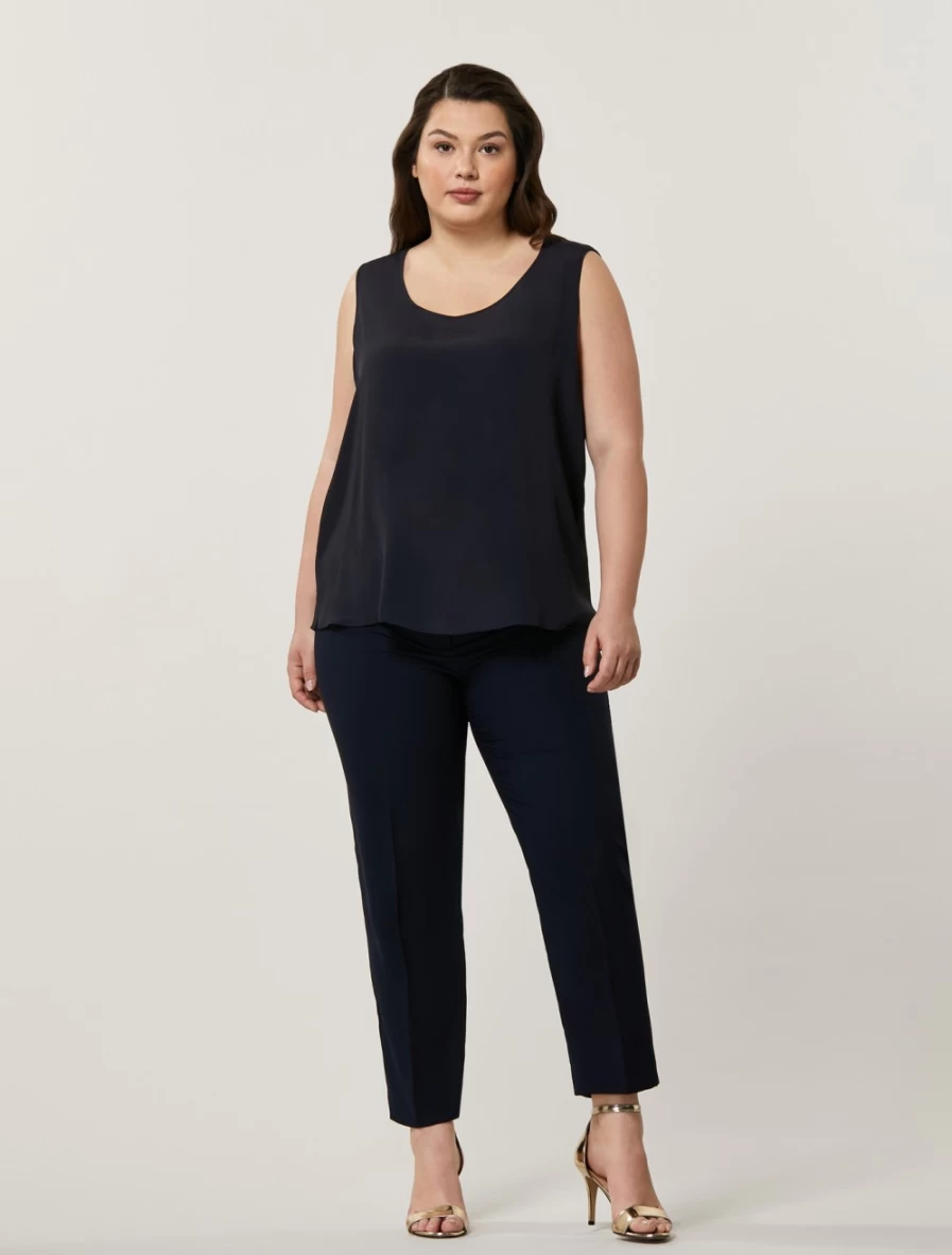 Marina Rinaldi Women's Dark Navy Satin Trousers - Envers High-Waisted Elegant Pants