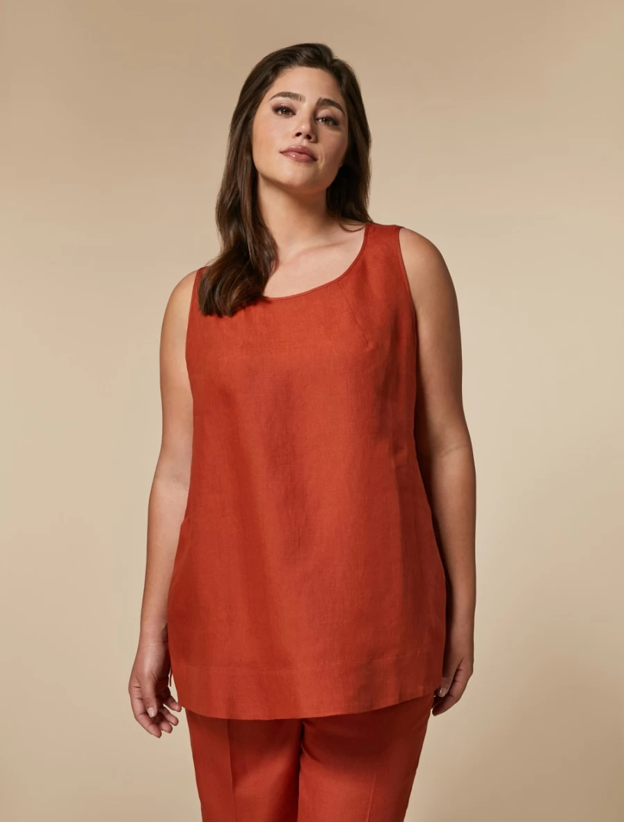 "Marina Rinaldi Women's Rust Lightweight Linen Top – Breathable & Comfortable Blouse"