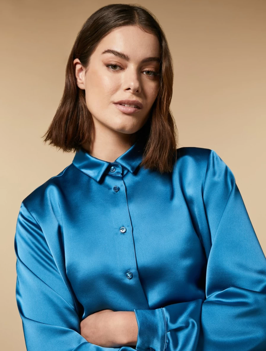 "Marina Rinaldi Women's Turquoise Satin Shirt – Elegant Blouse for Women"
