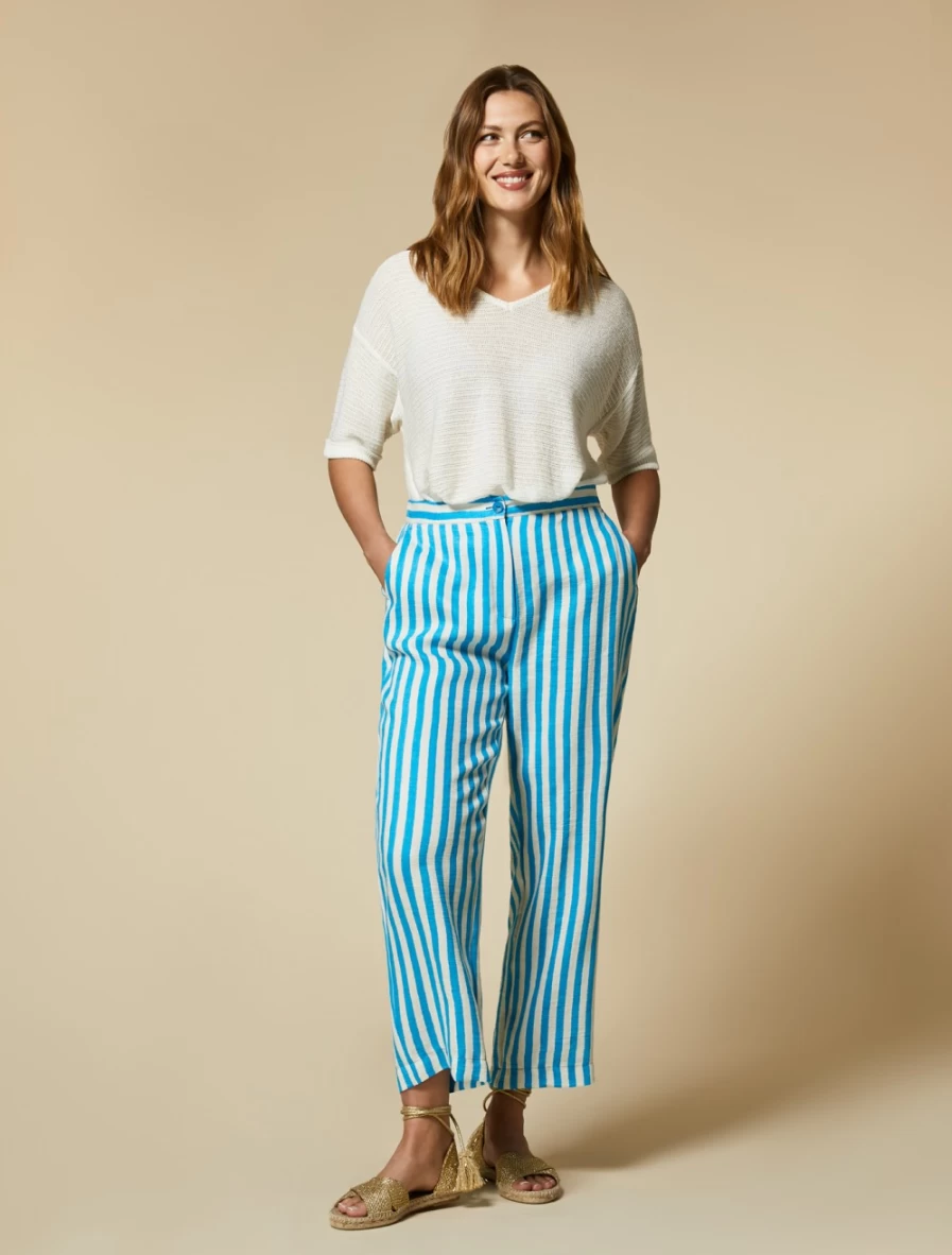 Marina Rinaldi Women's White Yarn-Dyed Linen-Blend Trousers