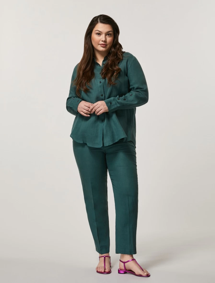 "Marina Rinaldi Women's Dark Green Linen Trousers | Comfortable & Stylish"