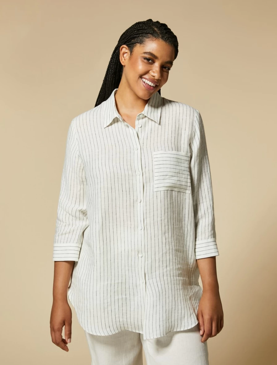 "Marina Rinaldi Women's White Striped Linen Shirt"