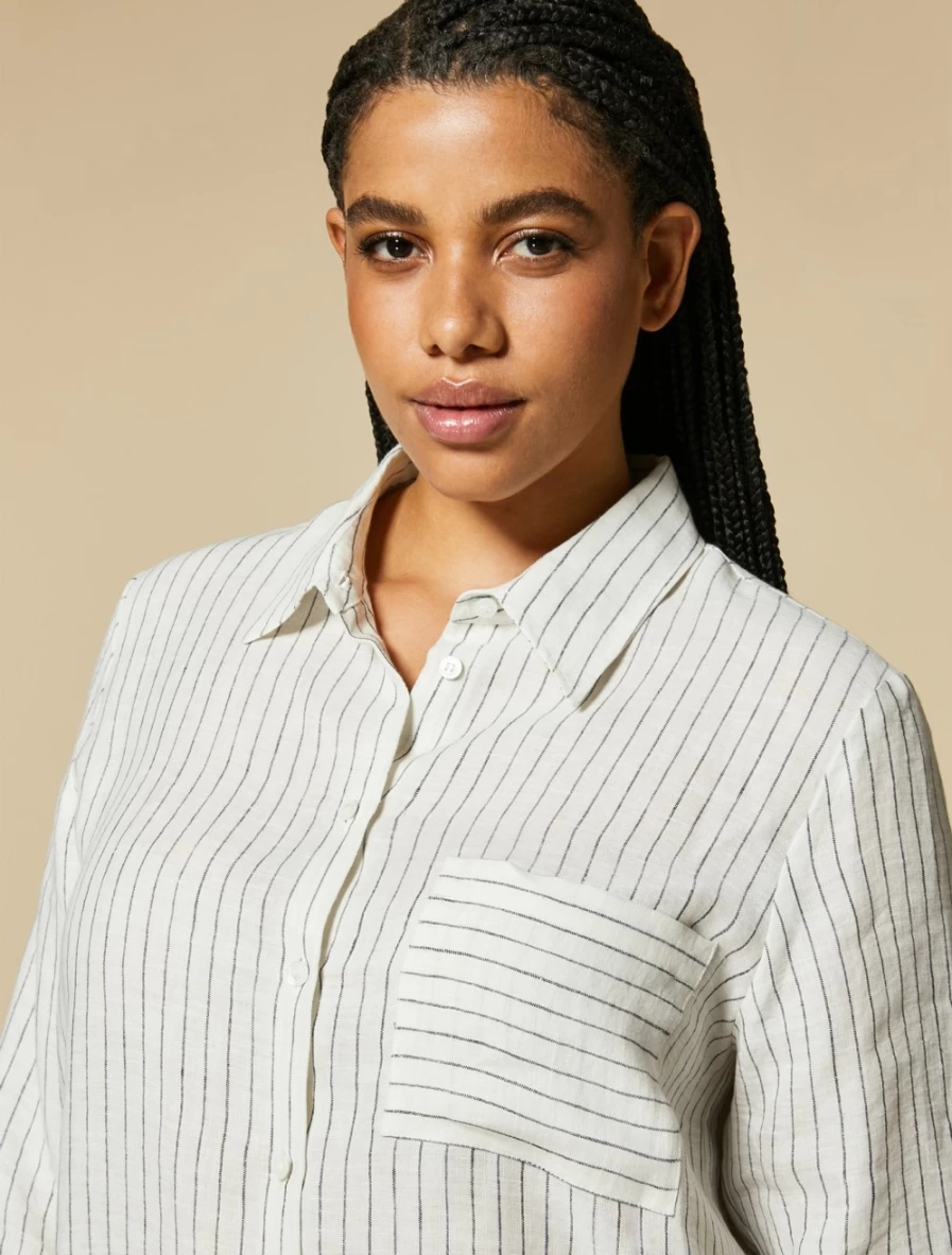 "Marina Rinaldi Women's White Striped Linen Shirt"