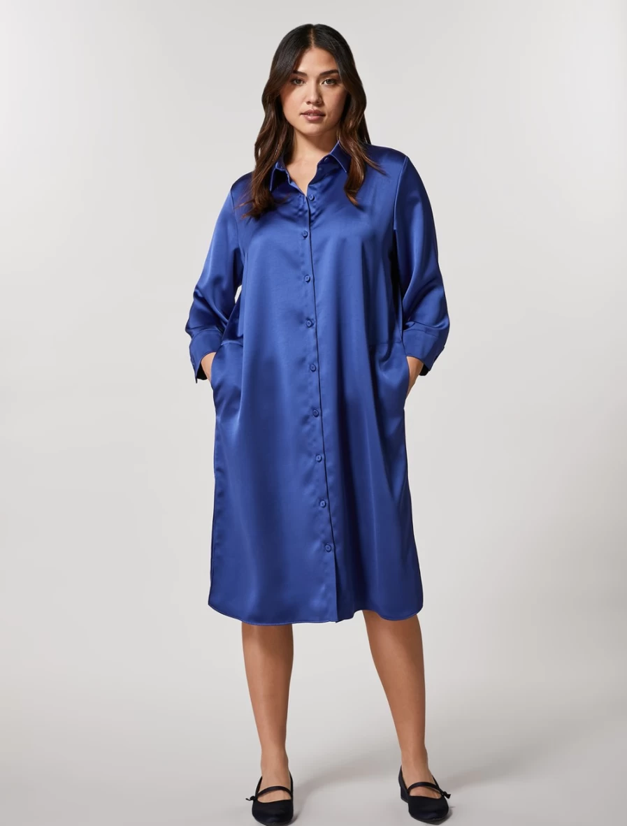 Marina Rinaldi Women's China Blue Satin Shirt Dress - Elegant Long Sleeve Casual & Office Wear