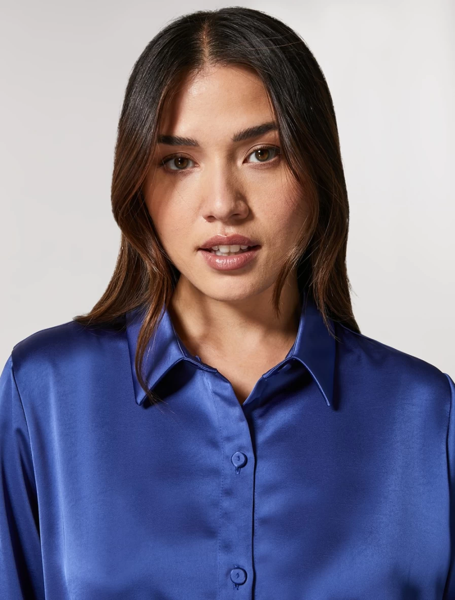 Marina Rinaldi Women's China Blue Satin Shirt Dress - Elegant Long Sleeve Casual & Office Wear