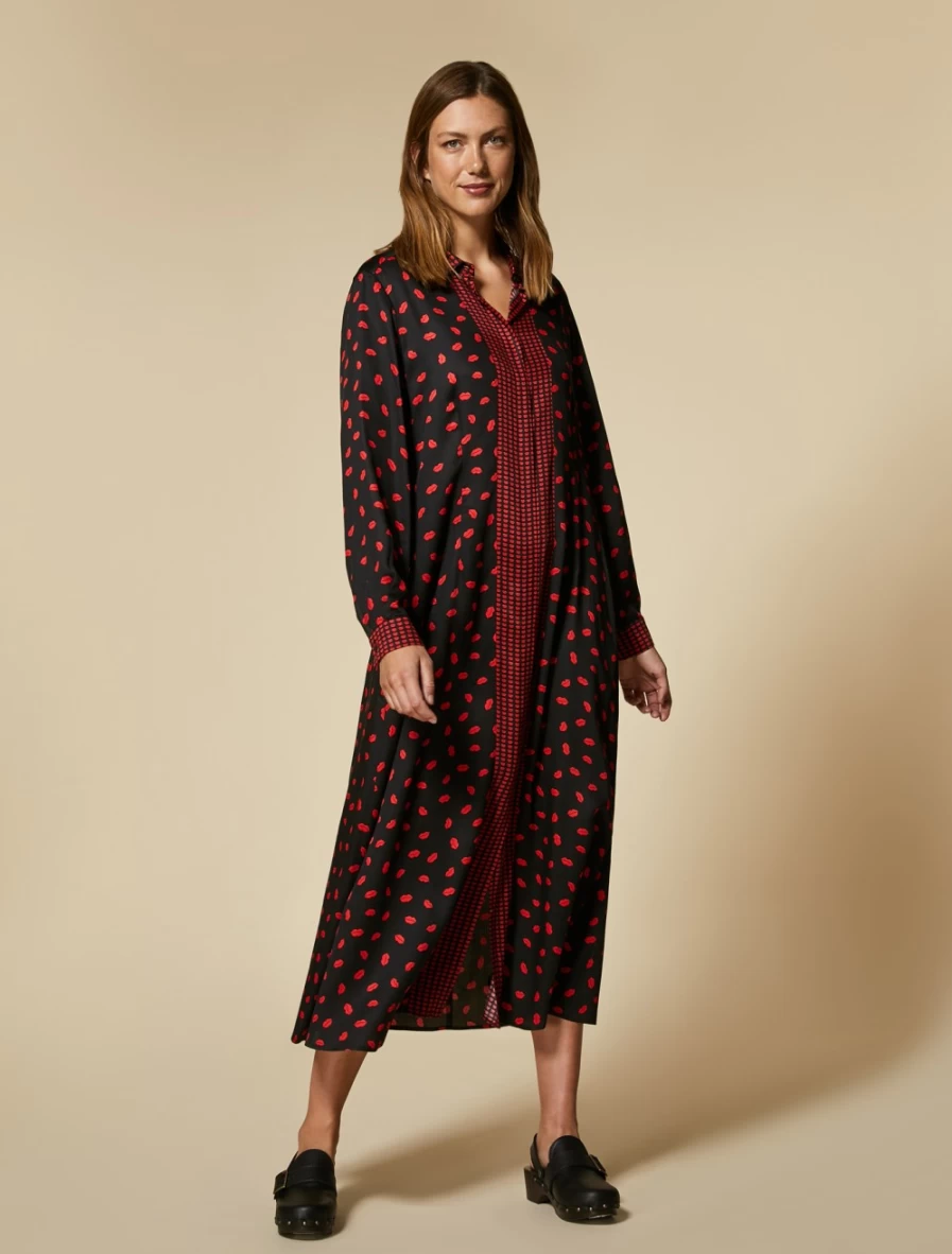 Marina Rinaldi Women's Black Long Printed Satin Dress - Elegant Evening Gown