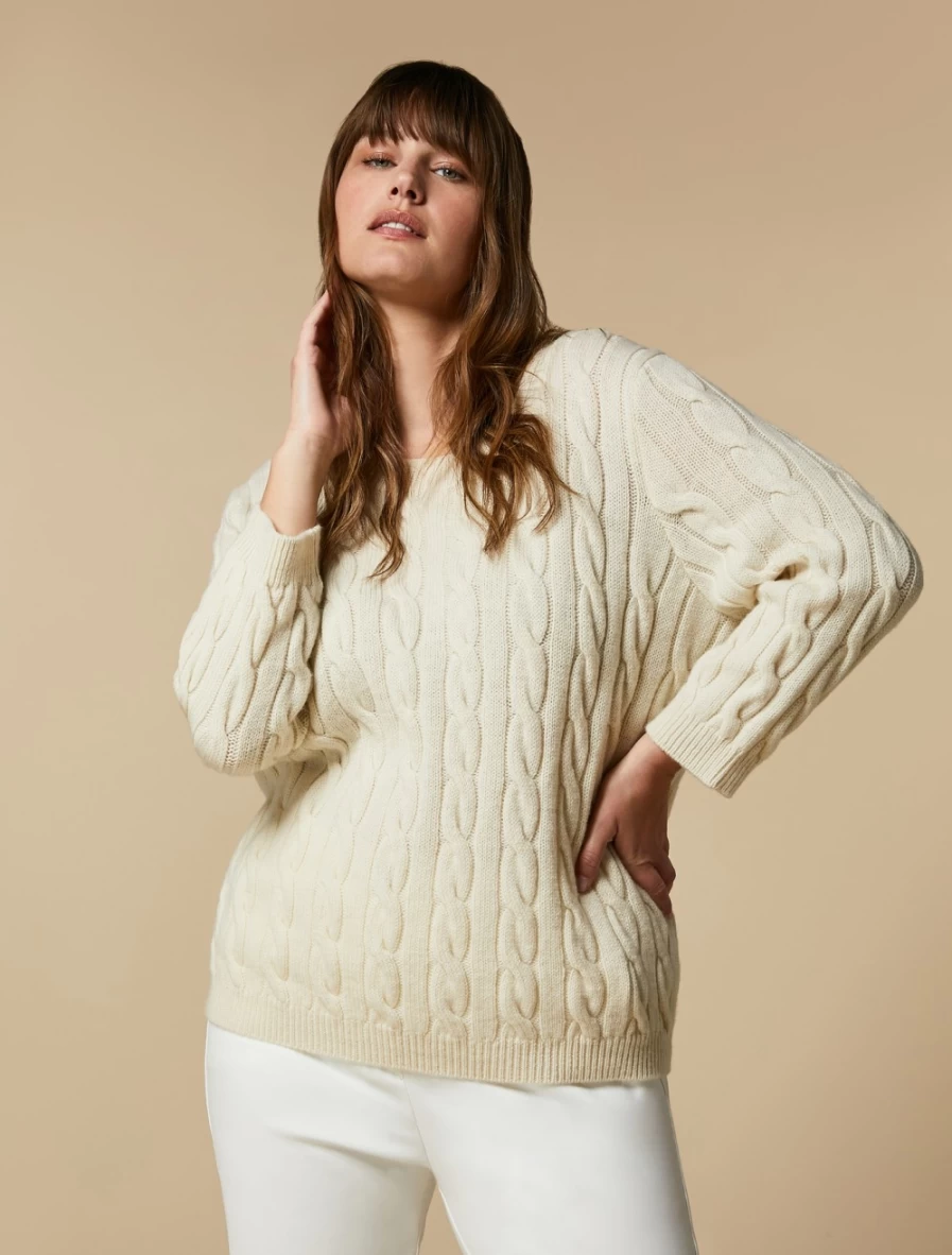 "Marina Rinaldi Women's White Cable-Knit Wool Sweater"