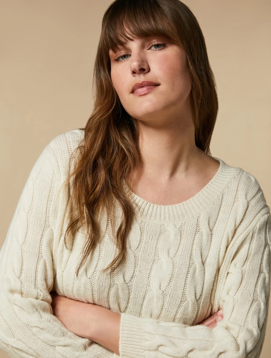 "Marina Rinaldi Women's White Cable-Knit Wool Sweater"