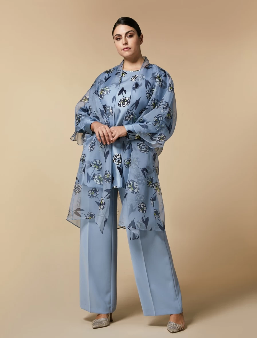 Marina Rinaldi Women's Ski Blue Silk Organza Duster Coat | Elegant Longline Cover-Up