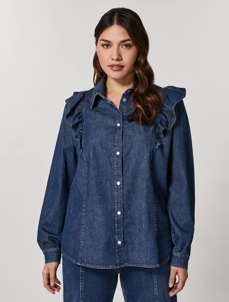 Marina Rinaldi Women's Dark Navy Stretch Denim Shirt - Comfort Fit Long Sleeve Tops