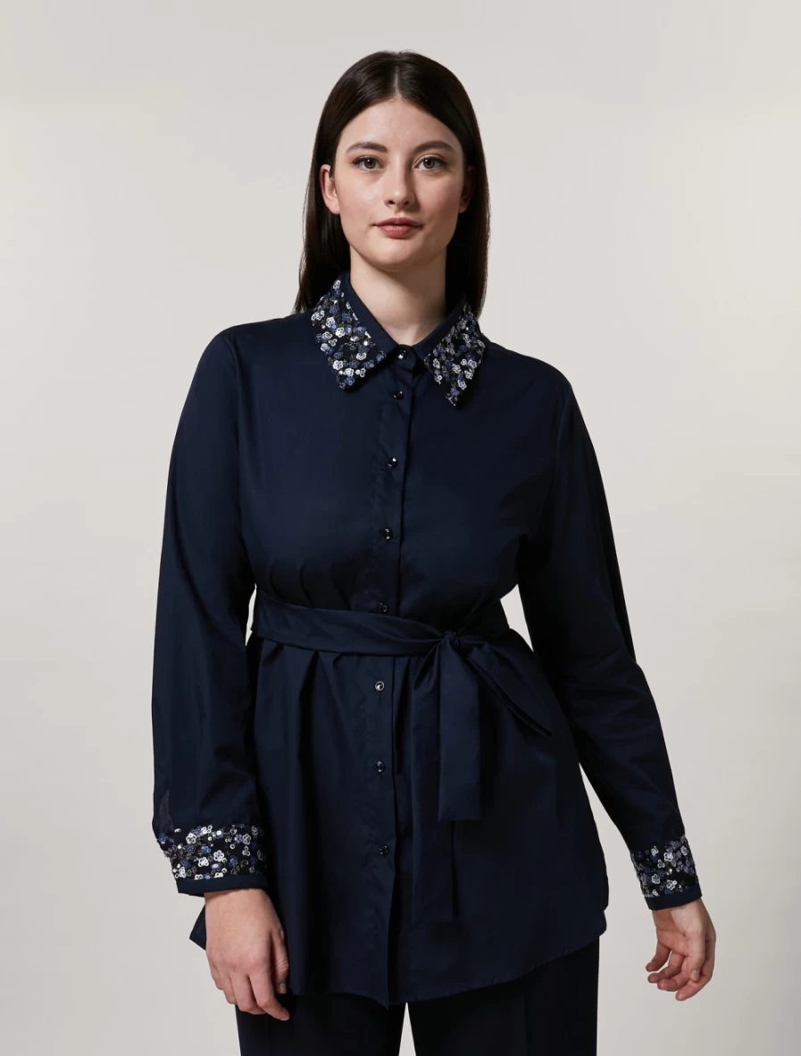 Marina Rinaldi Women's Dark Navy Cotton Embroidered Tulle Shirt