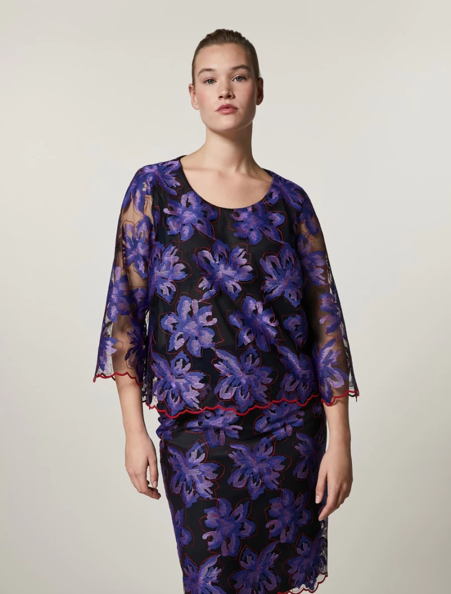 Marina Rinaldi Women's Dark Navy Embroidered Tulle & Georgette Tunic Top