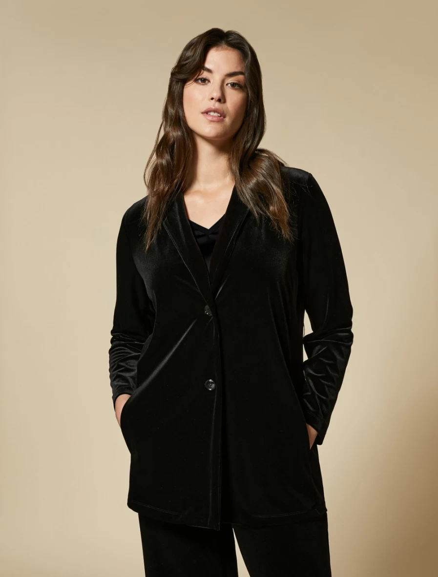 Marina Rinaldi Women's Black Fluid Velvet Jersey Blazer - Elegant Tailored Jacket