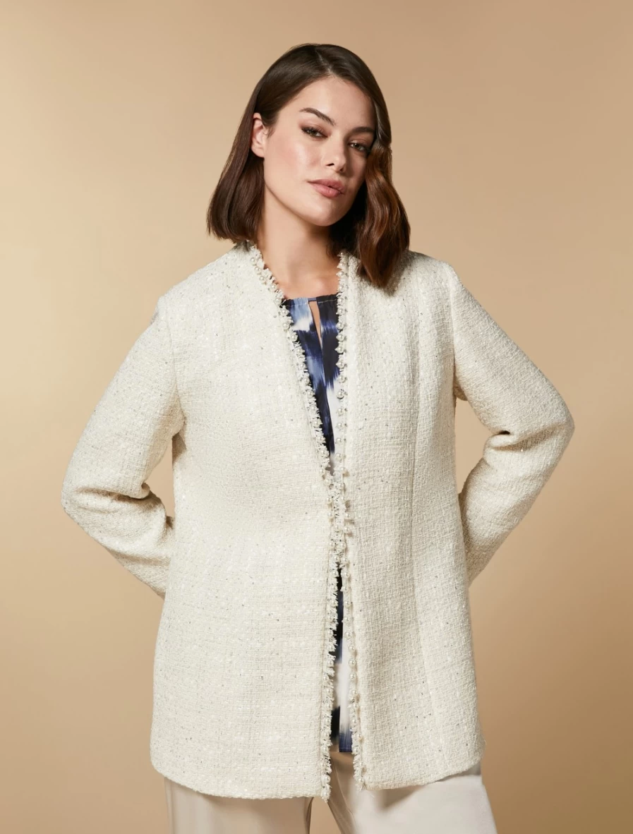 Marina Rinaldi Women's White Patterned Yarn-Dyed Jacket