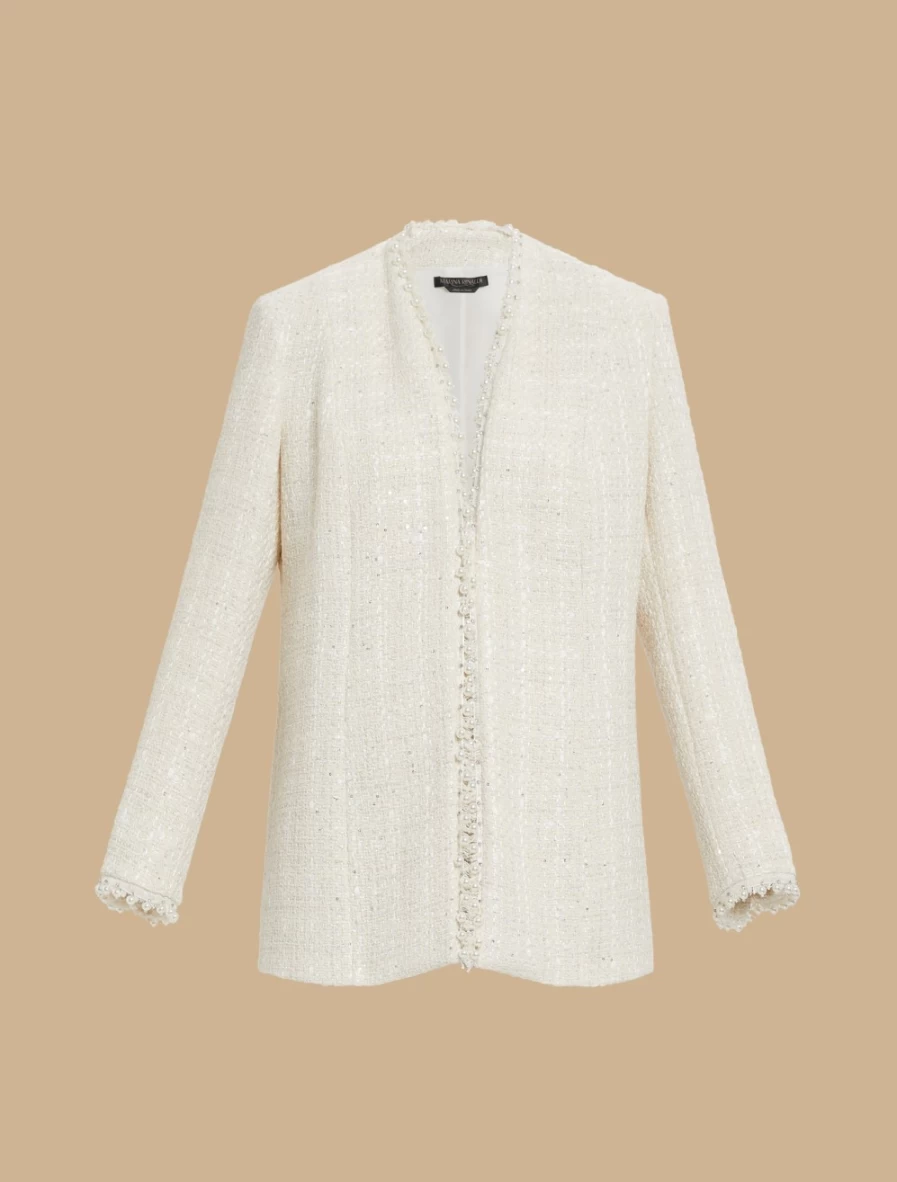 Marina Rinaldi Women's White Patterned Yarn-Dyed Jacket