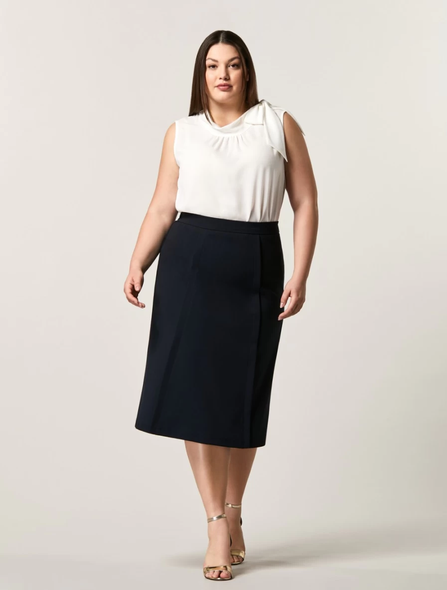 Marina Rinaldi Women's Dark Navy Scuba Crepe Skirt - Elegant High-Waisted Flared Midi Skirt