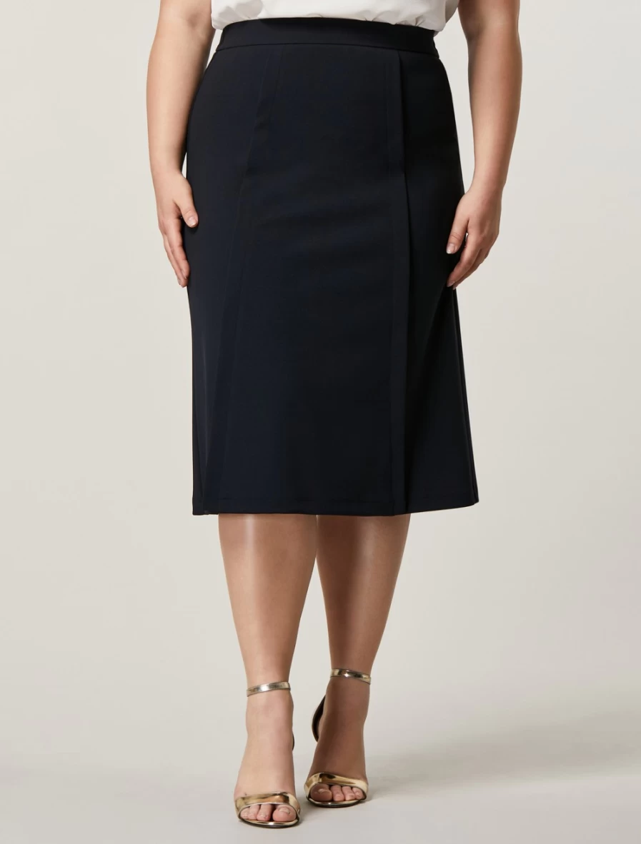 Marina Rinaldi Women's Dark Navy Scuba Crepe Skirt - Elegant High-Waisted Flared Midi Skirt