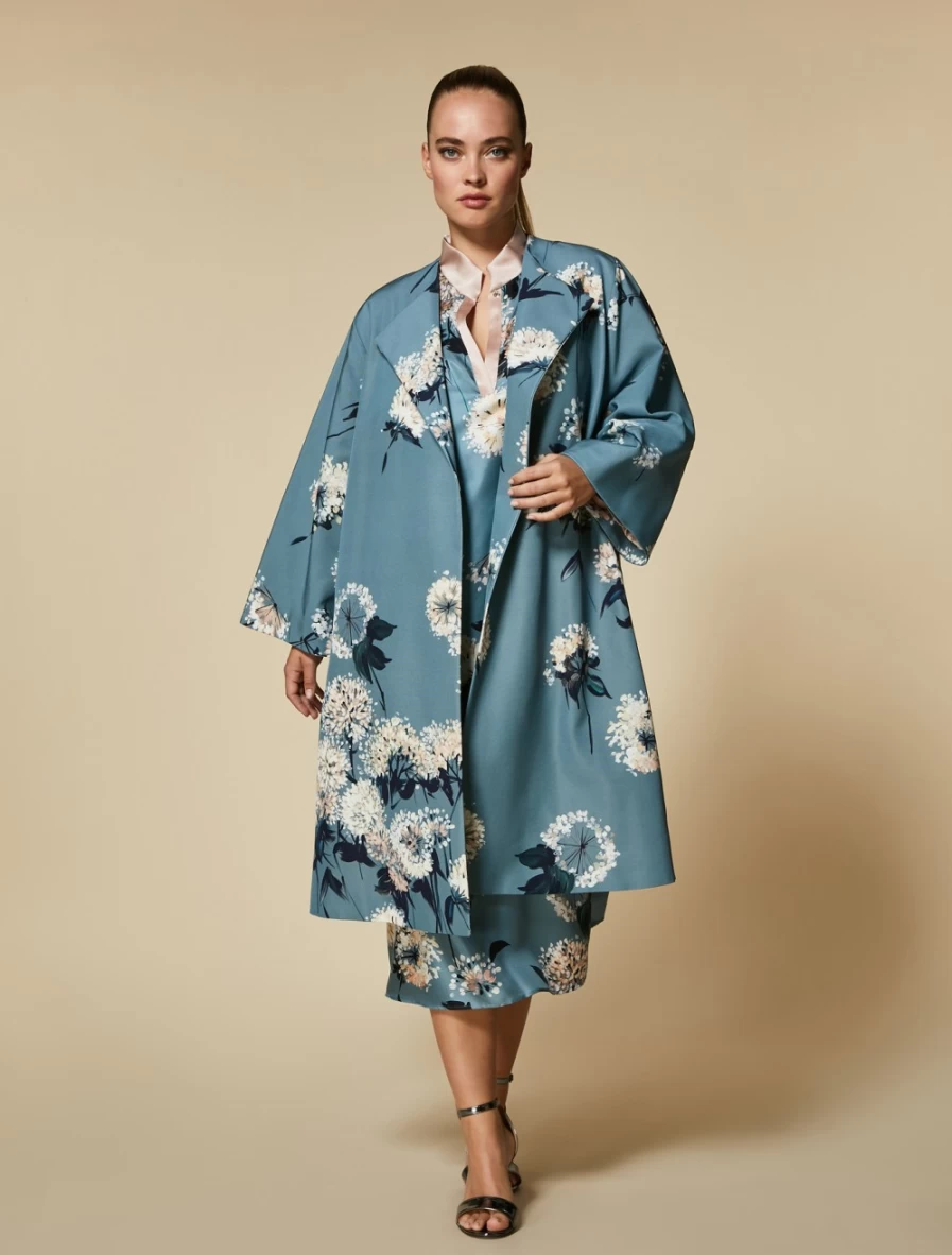 "Marina Rinaldi Women's Ski Blue Printed Faille Duster Coat | Elegant Longline Jacket"