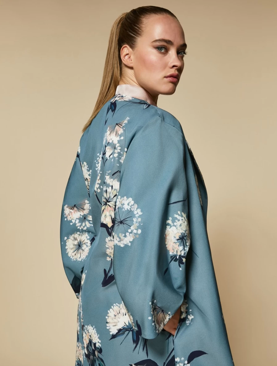 "Marina Rinaldi Women's Ski Blue Printed Faille Duster Coat | Elegant Longline Jacket"