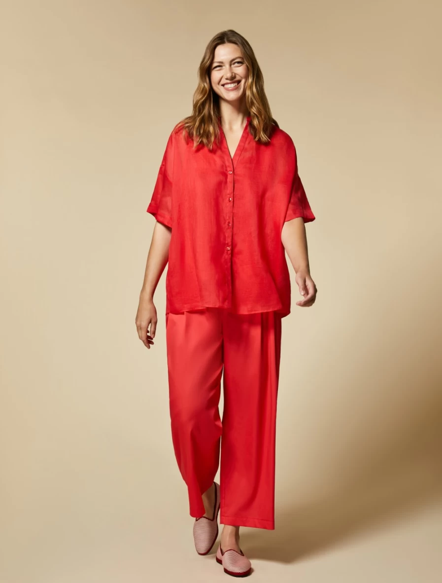 "Marina Rinaldi Women's Red Cotton Satin Trousers – Elegant High-Waisted Pants"