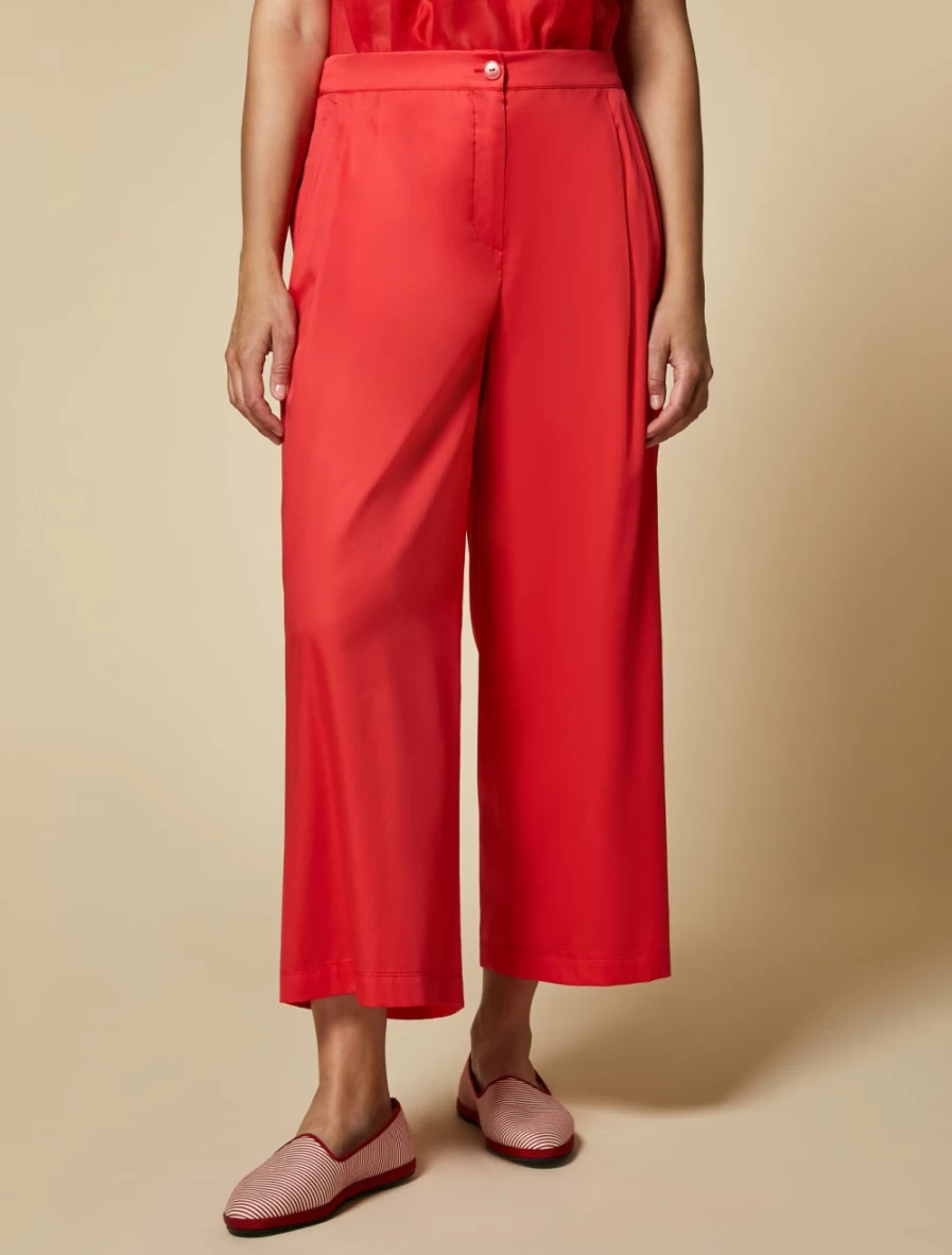 "Marina Rinaldi Women's Red Cotton Satin Trousers – Elegant High-Waisted Pants"