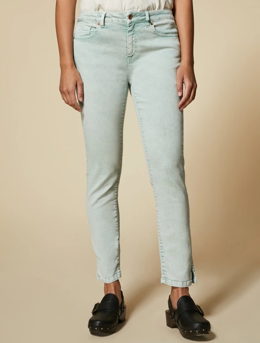 Marina Rinaldi Women's Green Slim Trousers in Marble-Effect Bull Denim