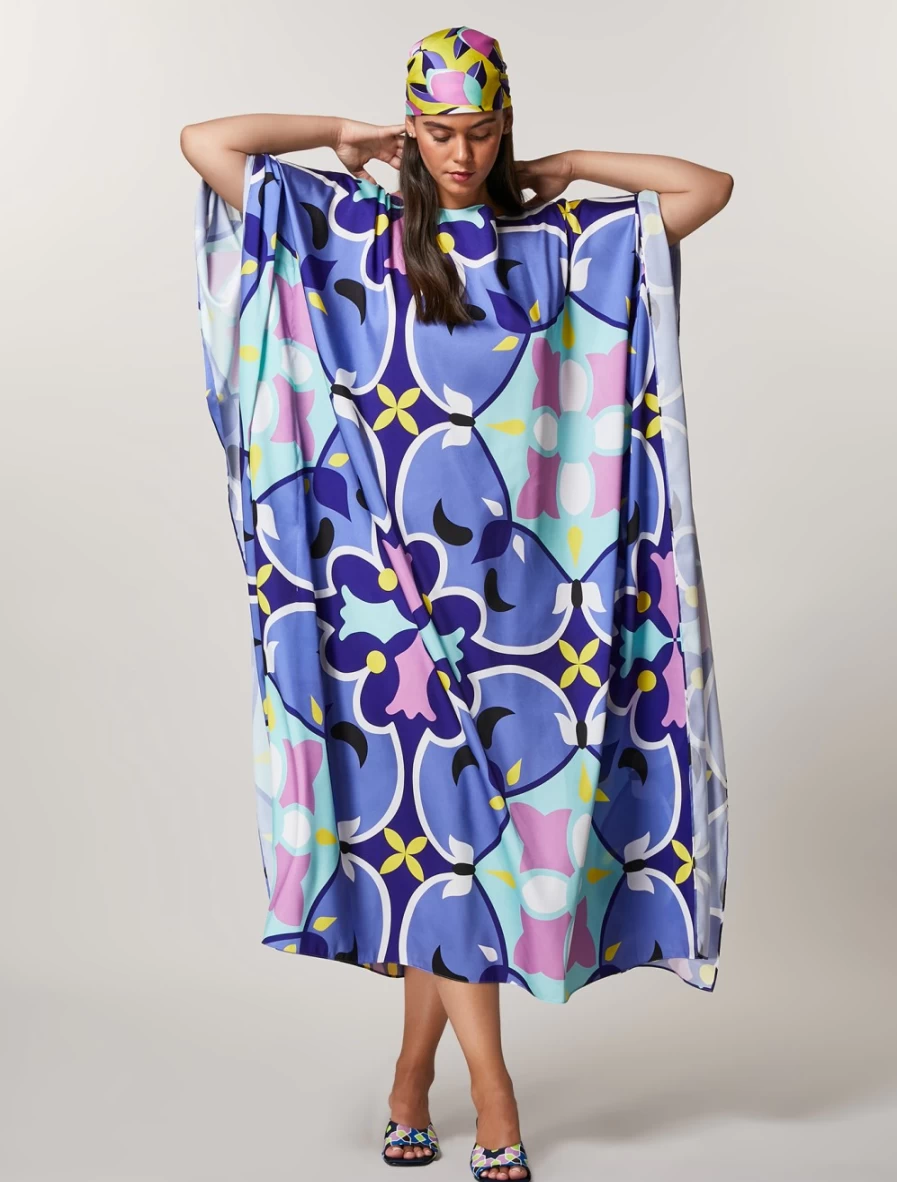 "Marina Rinaldi Women's Ski Blue Printed Twill Kaftan Dress"