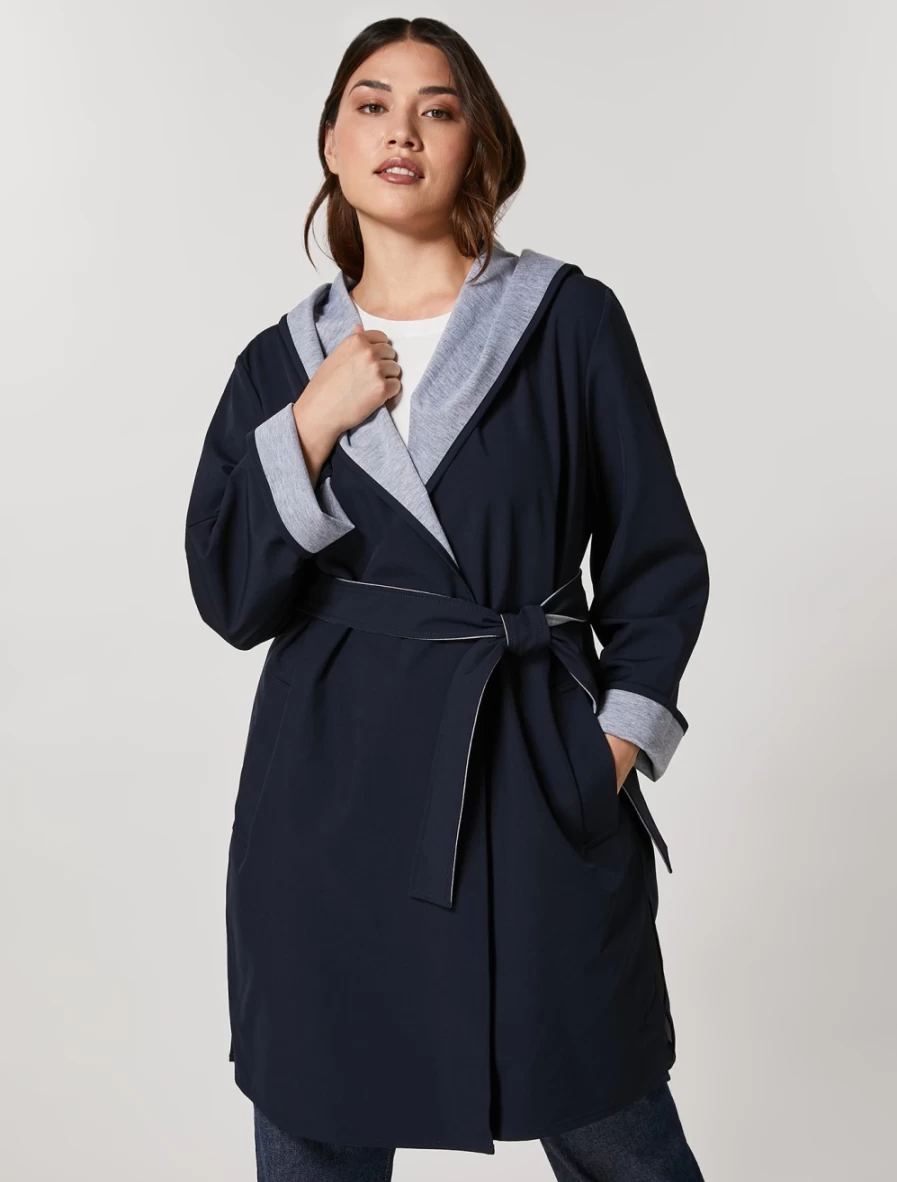 Marina Rinaldi Women's Dark Navy Technical Fabric Robe Coat - Jersey Luxury Outerwear