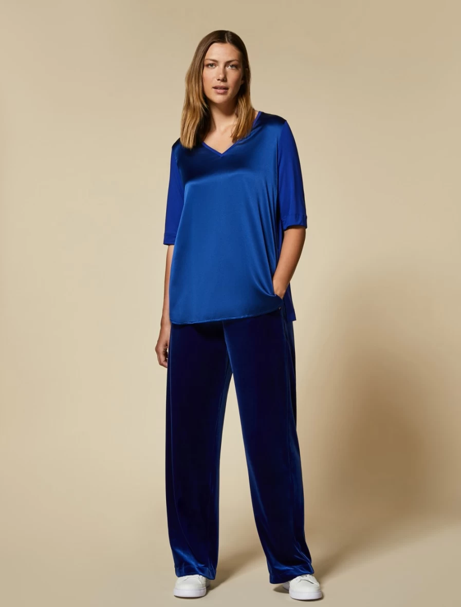 Marina Rinaldi Women's China Blue Fluid Velvet Jersey Trousers | Luxe Comfort & Style