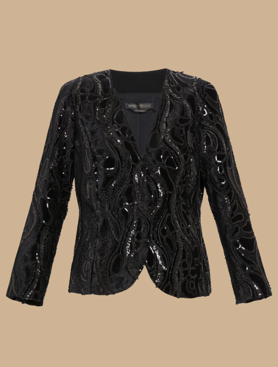 "Marina Rinaldi Women's Black Stretch Velvet Jacket – Luxurious Soft Blazer"