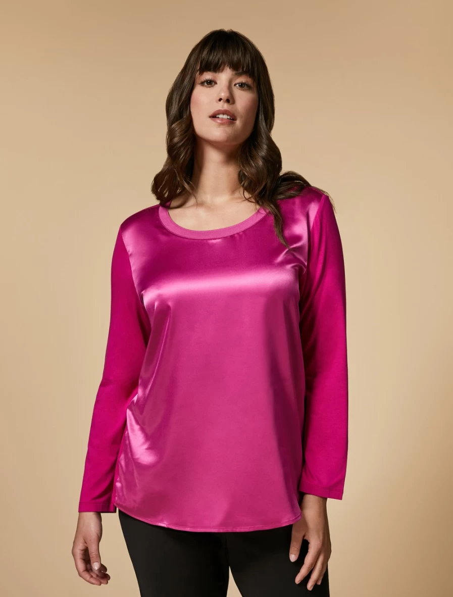 Marina Rinaldi Women's Fuchsia Satin Jersey T-Shirt - Elegant Crepe Detail Top