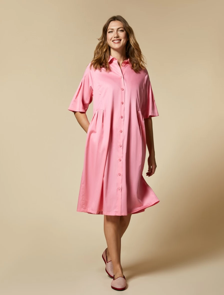 Marina Rinaldi Women's Fuchsia Cotton Satin Shirt Dress - Elegant Long Sleeve Casual Wear