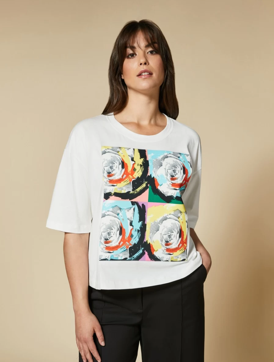 Marina Rinaldi Women's White Cropped Jersey T-Shirt - Soft Comfort Fit Short Sleeve Top
