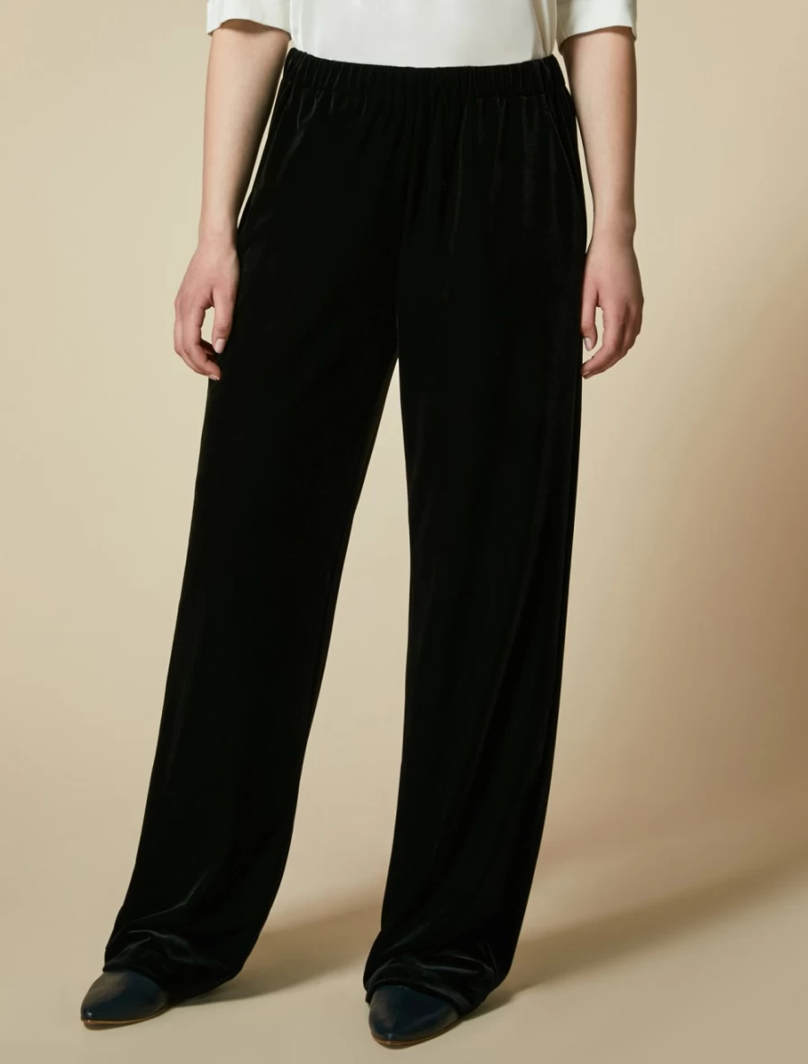 Marina Rinaldi Women's Black Fluid Velvet Jersey Trousers - Soft High-Waisted Lounge Pants