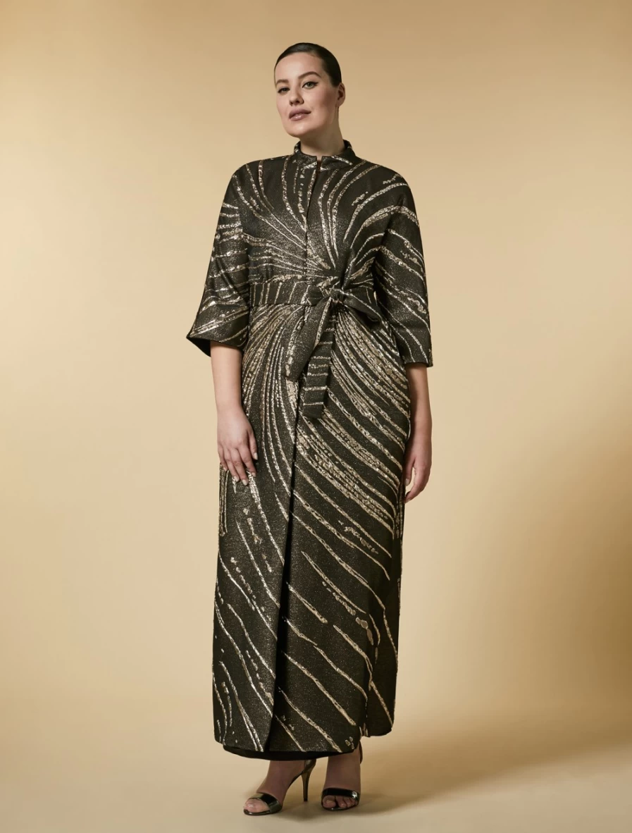 Marina Rinaldi Women's Brown Lurex Jacquard Duster Coat | Elegant Longline Outerwear