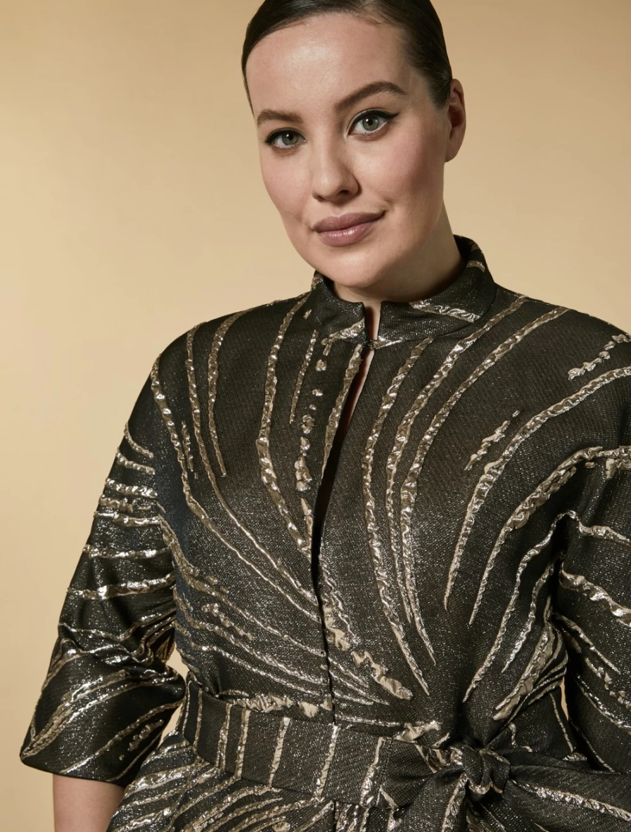 Marina Rinaldi Women's Brown Lurex Jacquard Duster Coat | Elegant Longline Outerwear