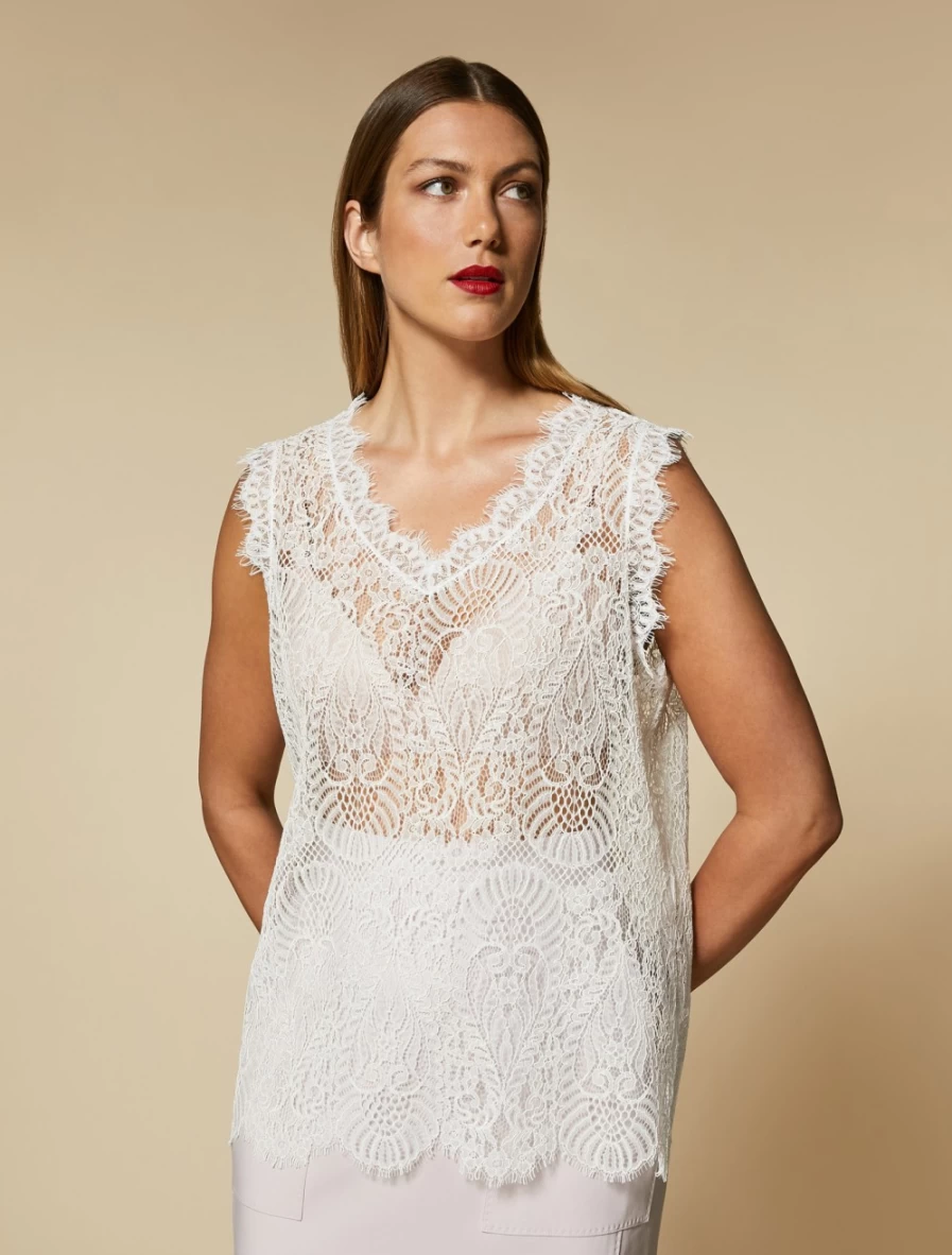 "Marina Rinaldi Women's White Lace Top – Elegant Rebrod Design"
