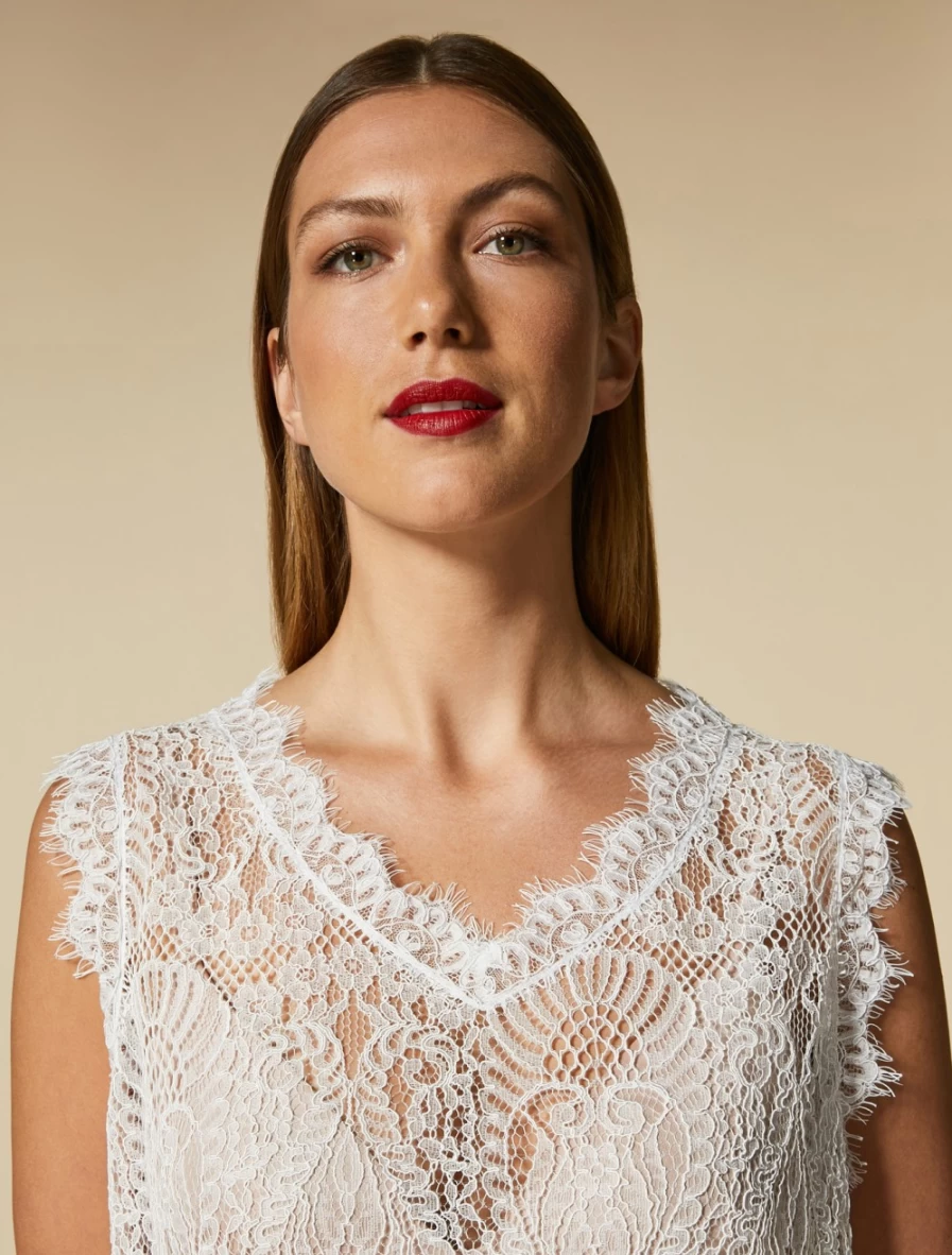 "Marina Rinaldi Women's White Lace Top – Elegant Rebrod Design"