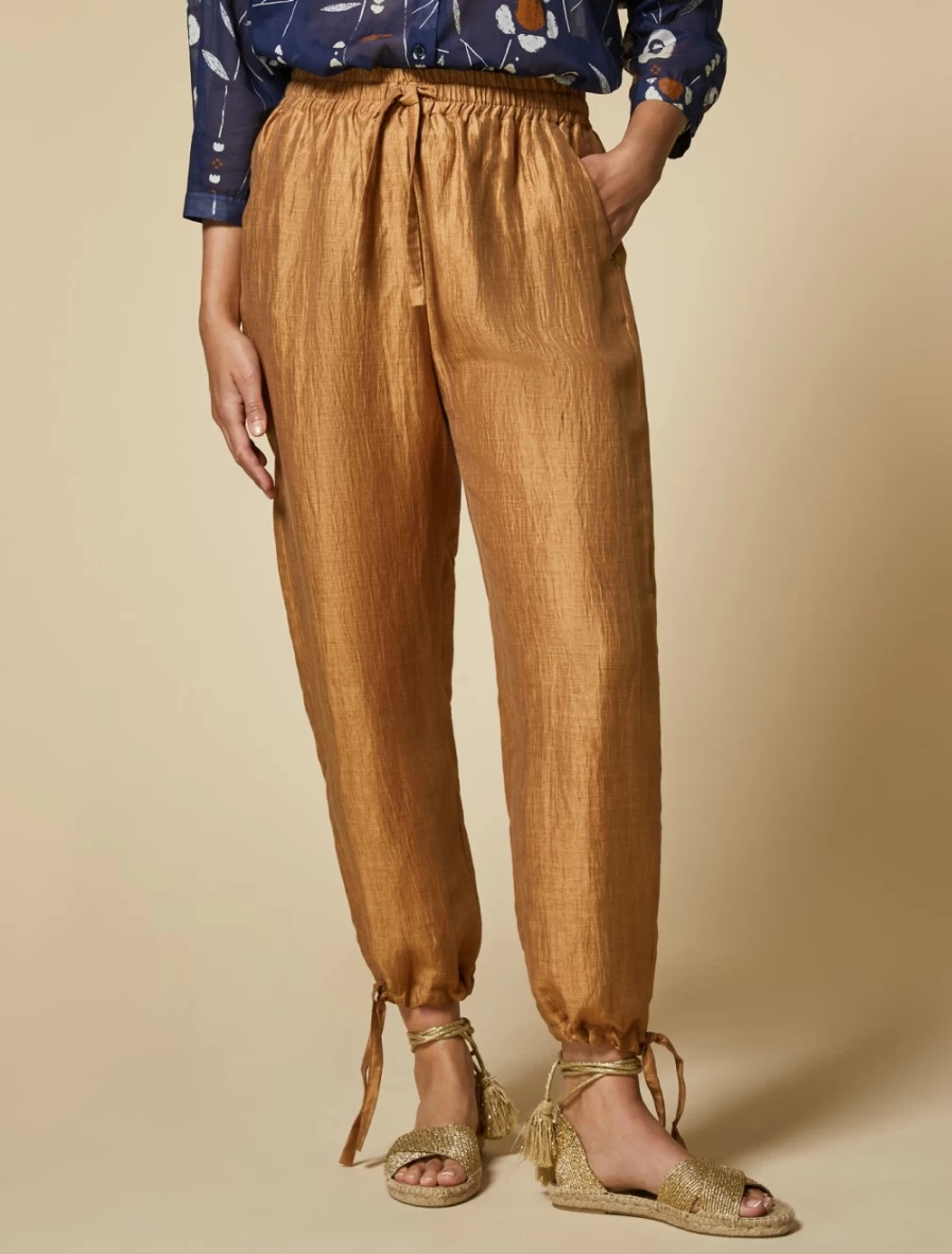 "Marina Rinaldi Women's Mustard Linen-Blend Trousers"