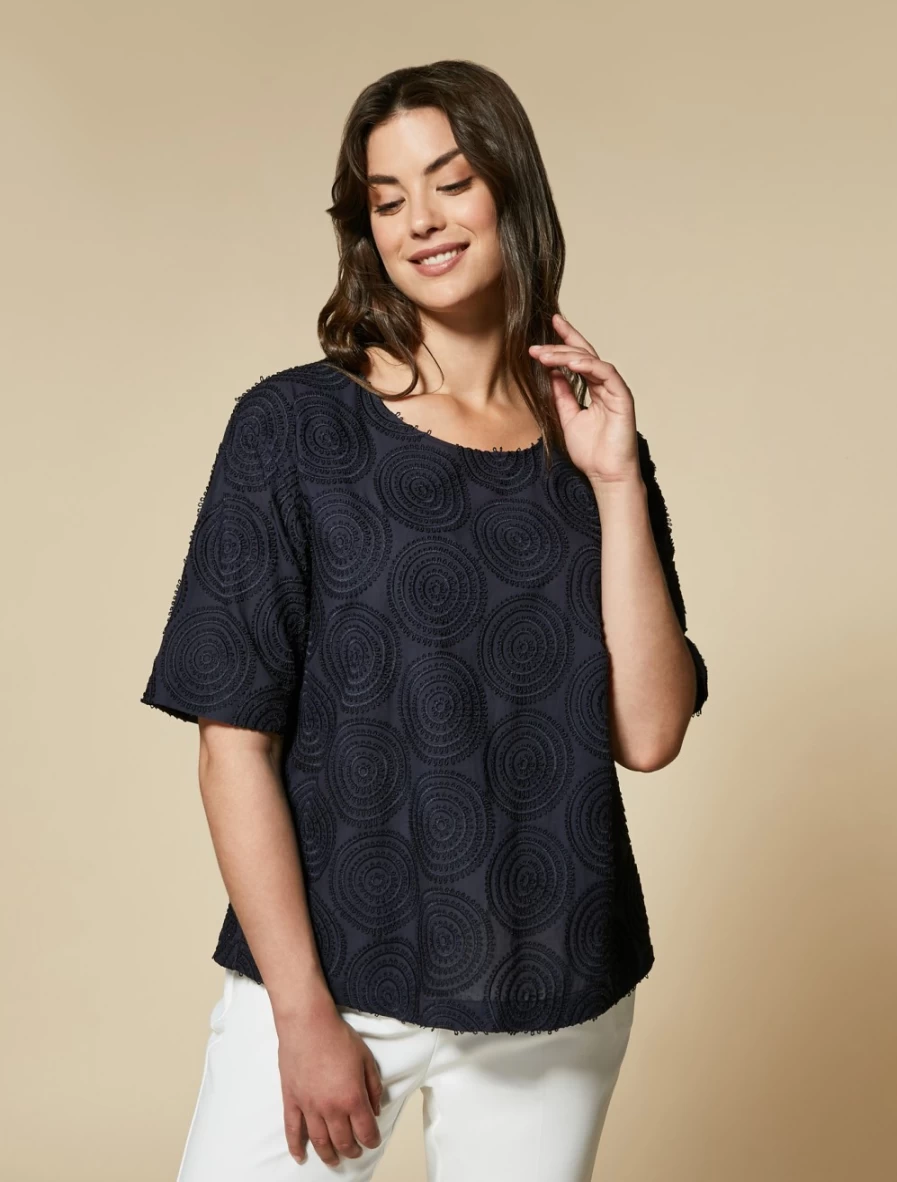 Marina Rinaldi Women's Dark Navy Embroidered Cotton Voile Blouse