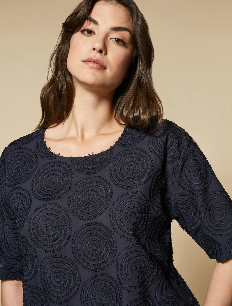 Marina Rinaldi Women's Dark Navy Embroidered Cotton Voile Blouse