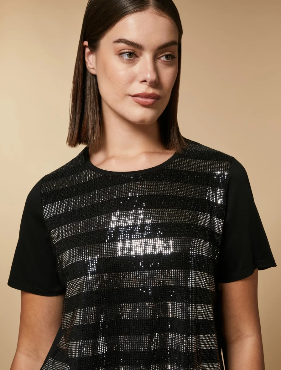 "Marina Rinaldi Women's Black Sequin Jersey T-Shirt | Elegant Sparkle Top"