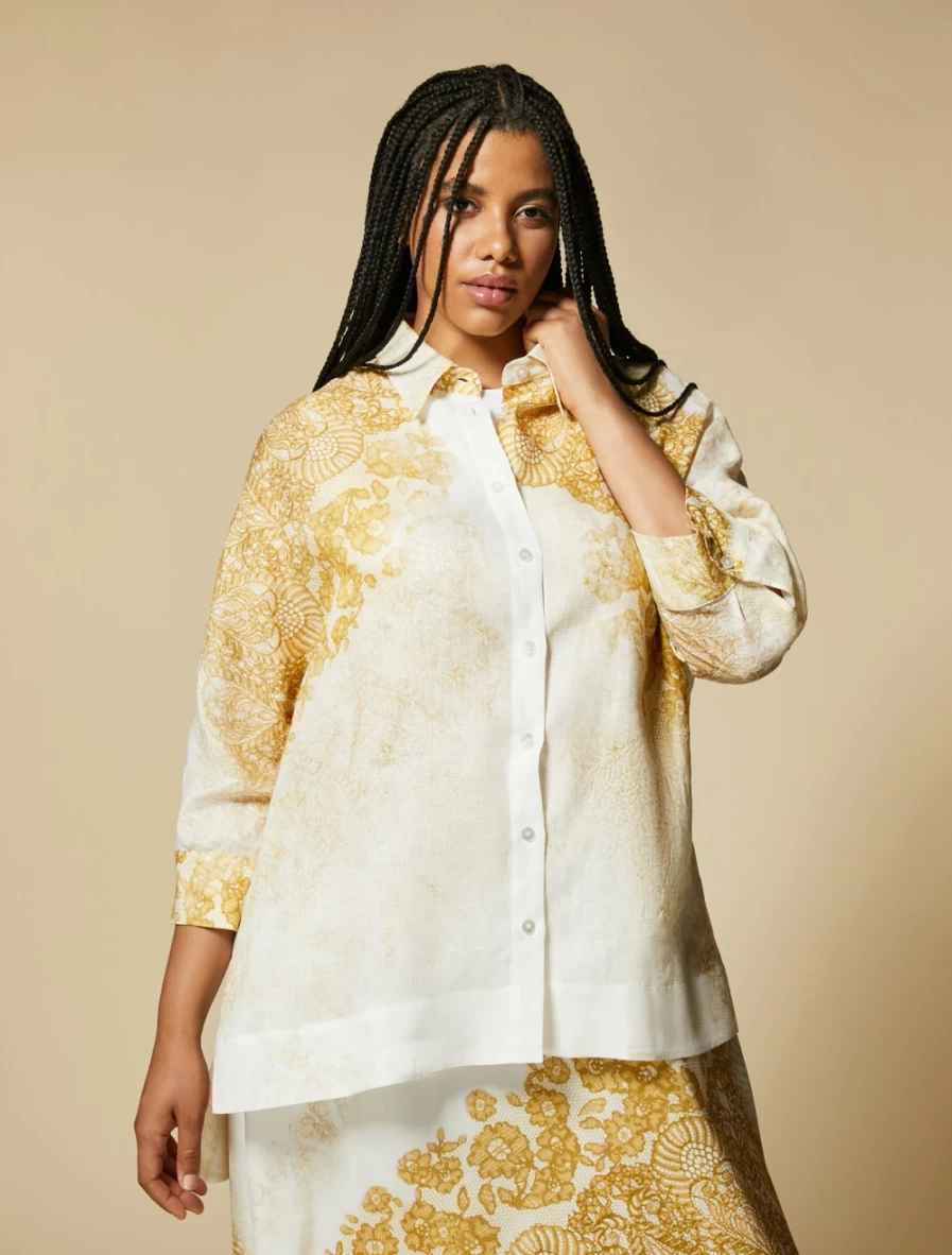 Marina Rinaldi Women's Mustard Printed Linen Shirt – Stylish & Comfortable Summer Top