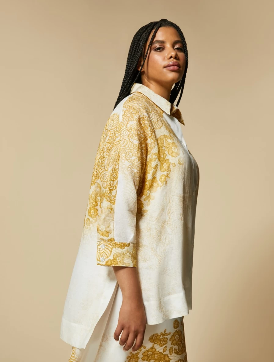 Marina Rinaldi Women's Mustard Printed Linen Shirt – Stylish & Comfortable Summer Top