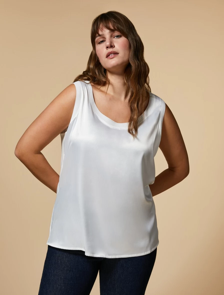"Marina Rinaldi Women's White Crepe & Satin Jersey Top – Elegant Blouse"