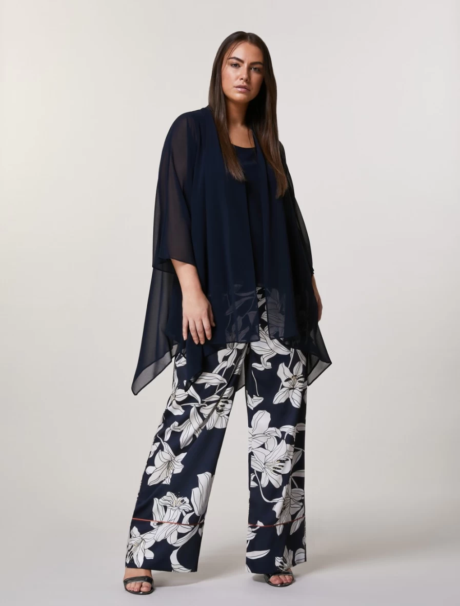 Marina Rinaldi Women's Dark Navy Printed Twill Trousers | High-Waisted Comfort Pants