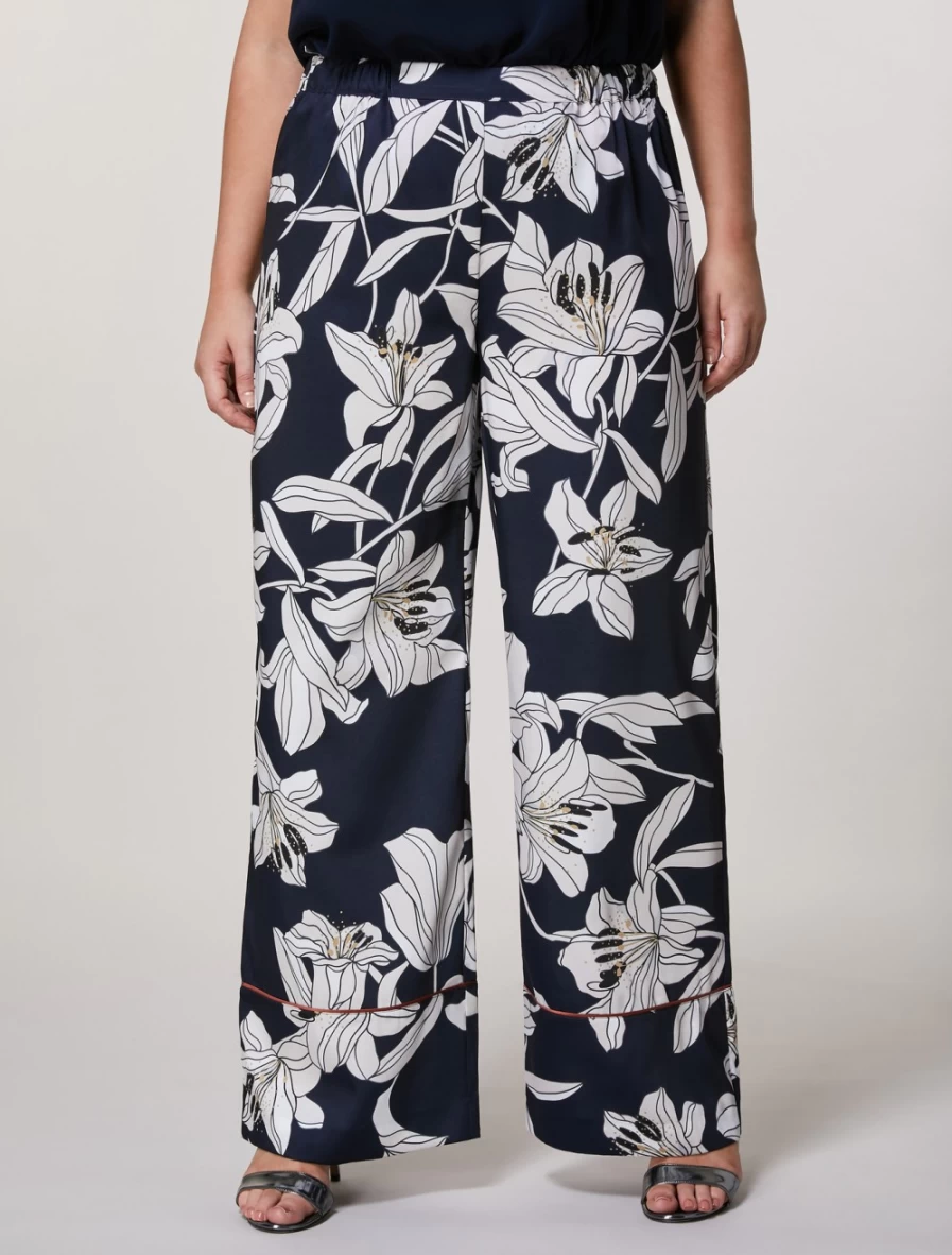 Marina Rinaldi Women's Dark Navy Printed Twill Trousers | High-Waisted Comfort Pants